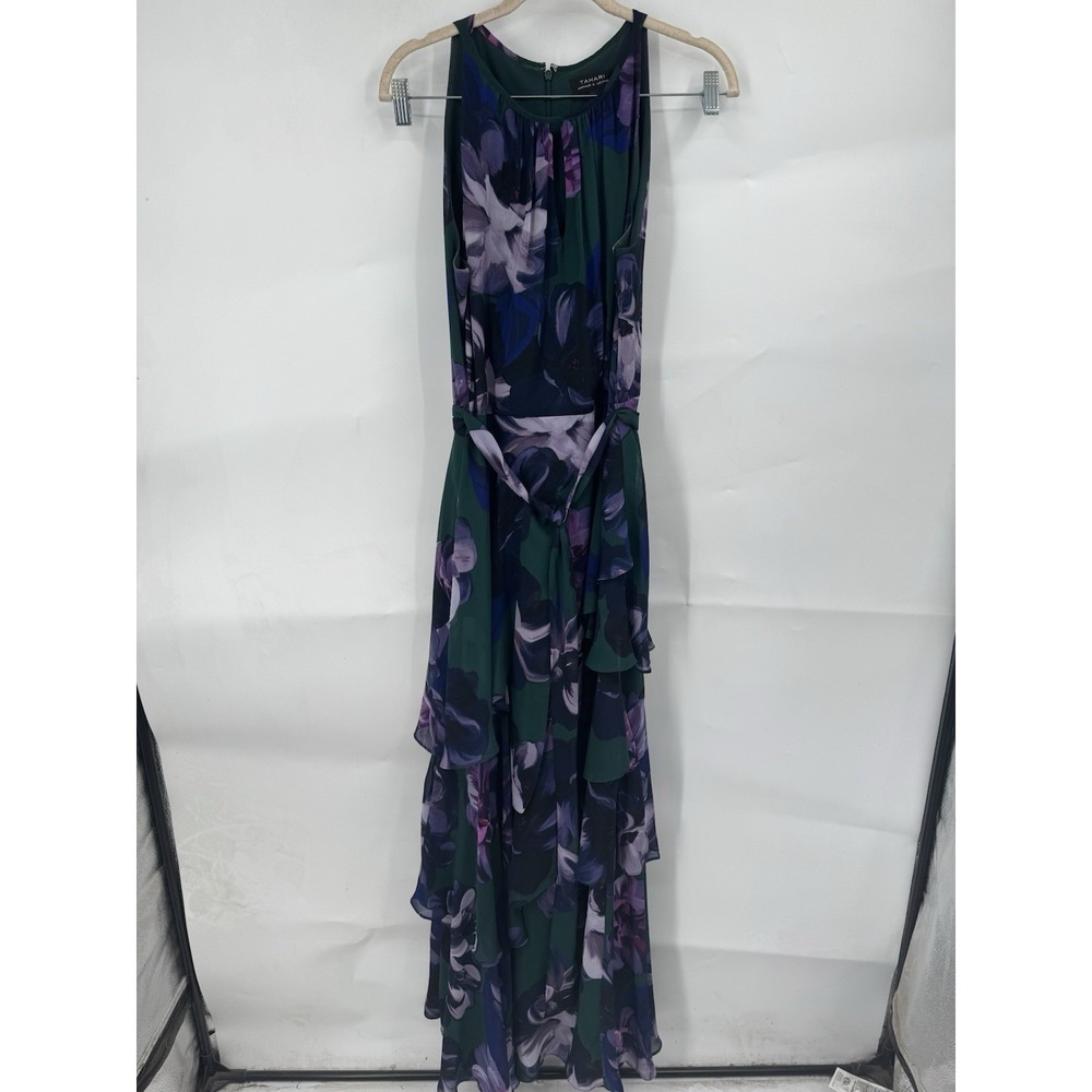 Tahari Floral Ruffle Maxi Dress Women 4 Green Feminine Romantic Tie Waist